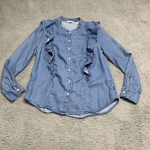 Levis Shirt Chambray Ruffle Women's Small Blue‎ Lyocell Long Sleeve Button Up
